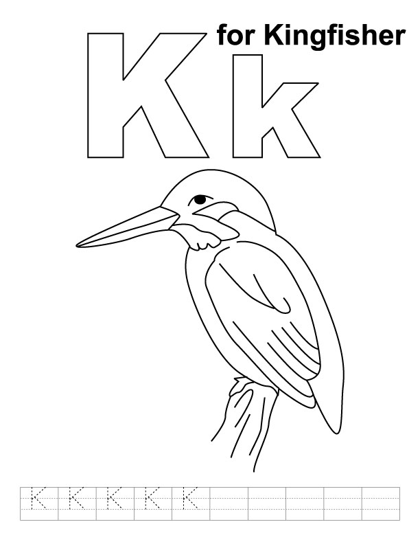 K for kingfisher coloring page with handwriting practice