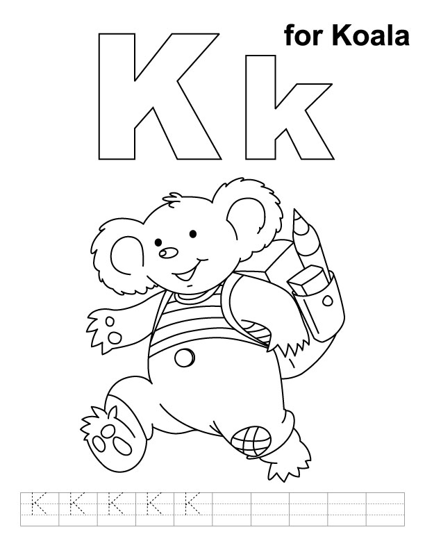 K for koala coloring page with handwriting practice