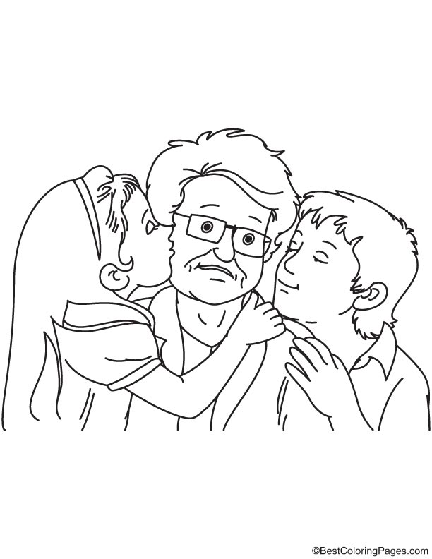 Kids kissing grandpa coloring page
