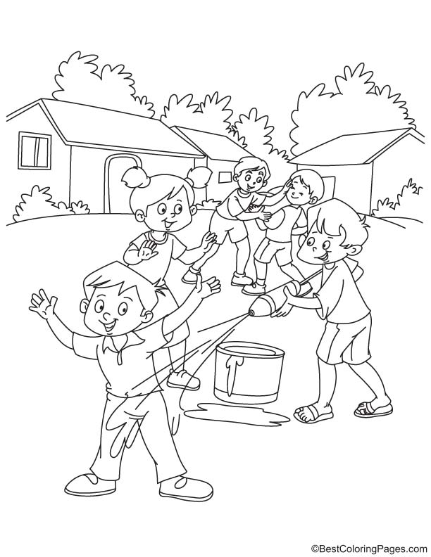 Kids playing holi with pichkari coloring page