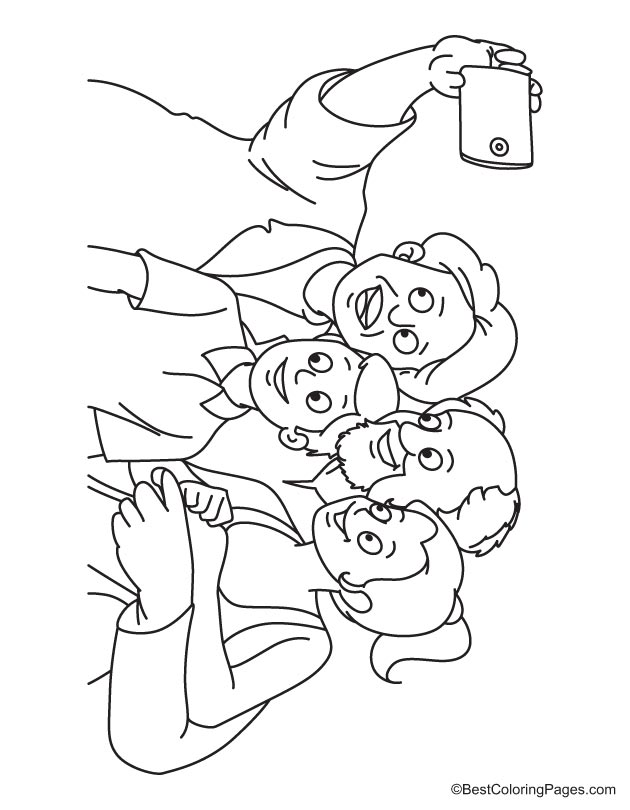 Kids with grandparent taking selfie coloring page