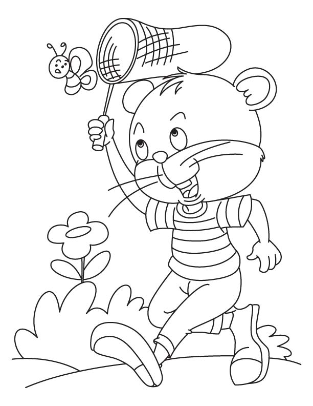 Kitten catching a butterfly coloring page