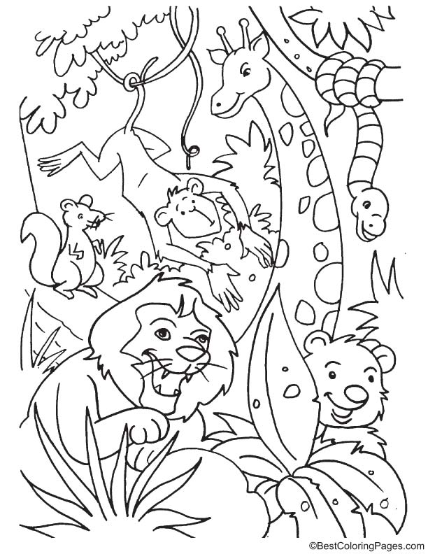 Lion king laughing in jungle coloring page
