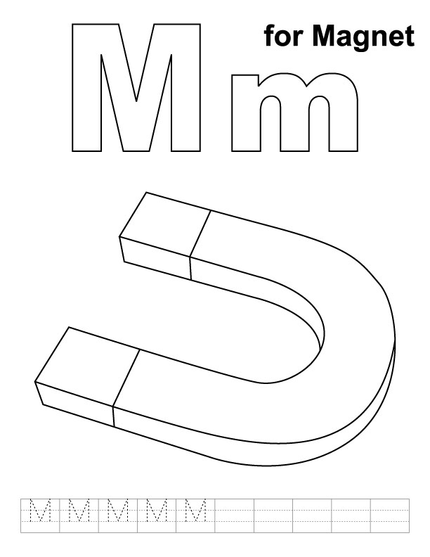 M for magnet coloring page with handwriting practice