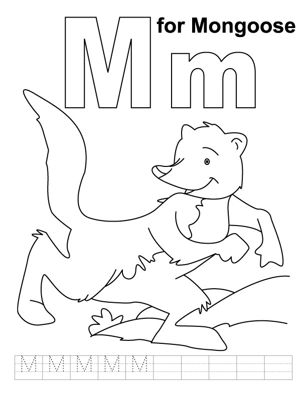 M for mongoose coloring page with handwriting practice
