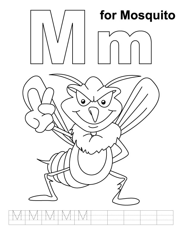 M for mosquito coloring page with handwriting practice