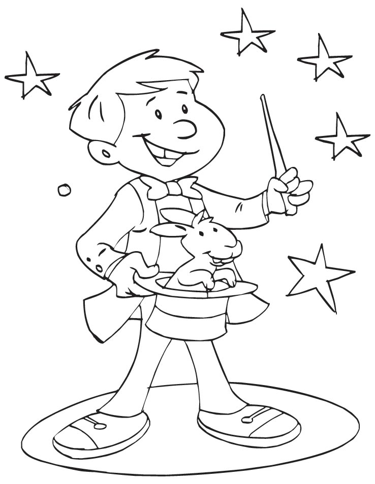 A young magician showing magic coloring page