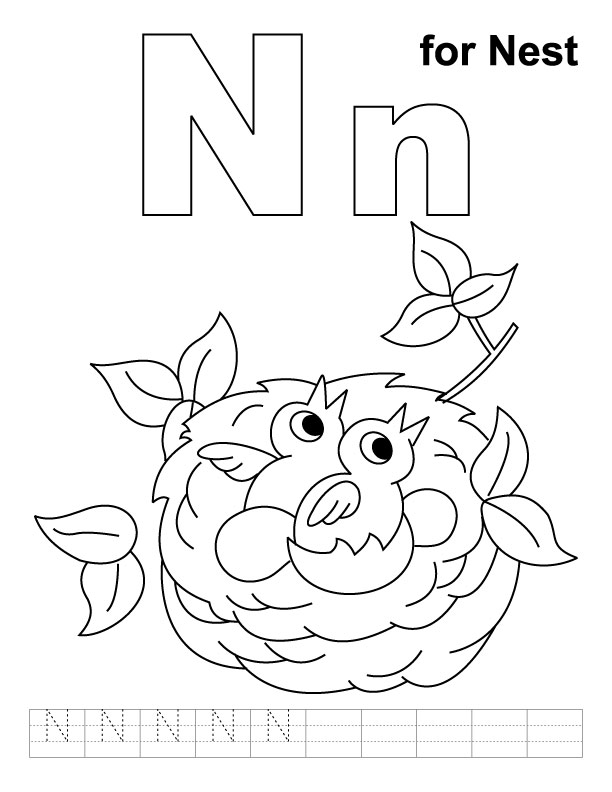 N for nest coloring page with handwriting practice