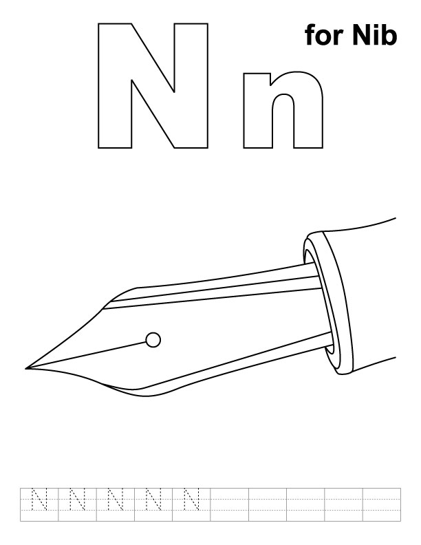 N for nib coloring page with handwriting practice