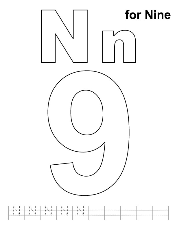 N for nine coloring page with handwriting practice
