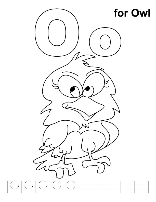 O for owl coloring page with handwriting practice