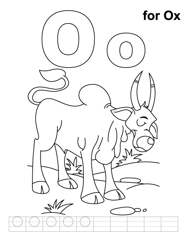 O for ox coloring page with handwriting practice