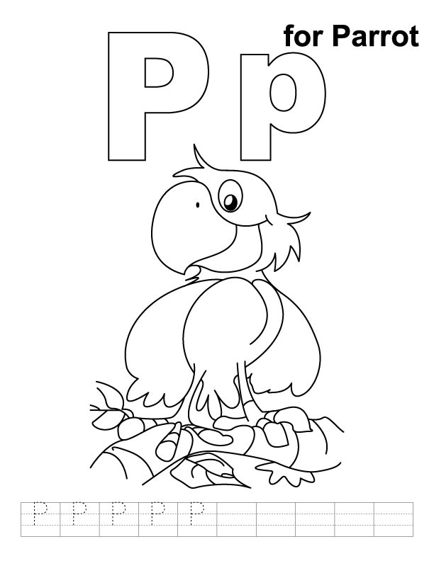 P for parrot coloring page with handwriting practice