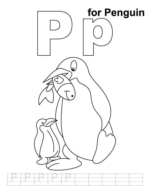 P for penguin coloring page with handwriting practice