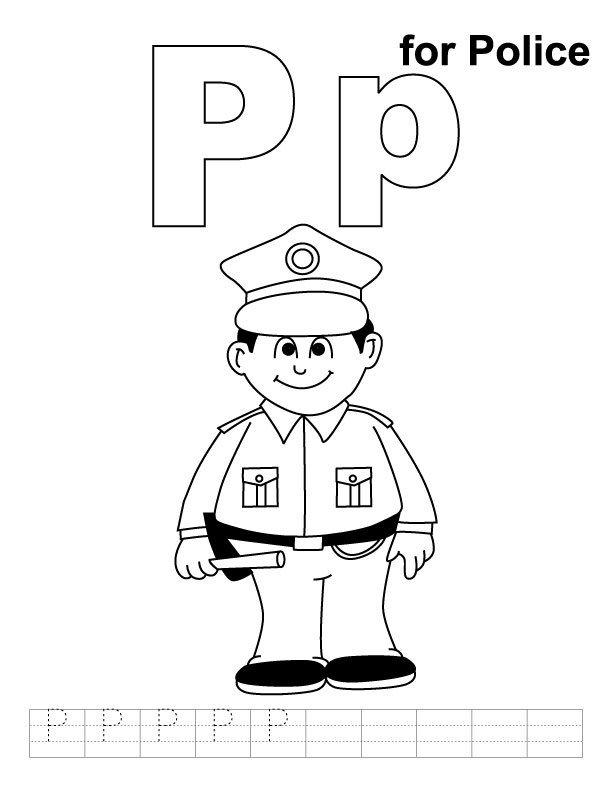 P for police coloring page with handwriting practice