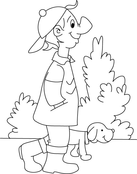 Boy walking with the puppy coloring page