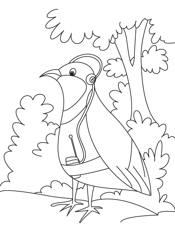 A happy partridge listening to music coloring page