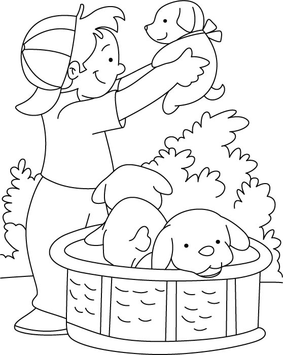 Boy playing with puppy coloring page