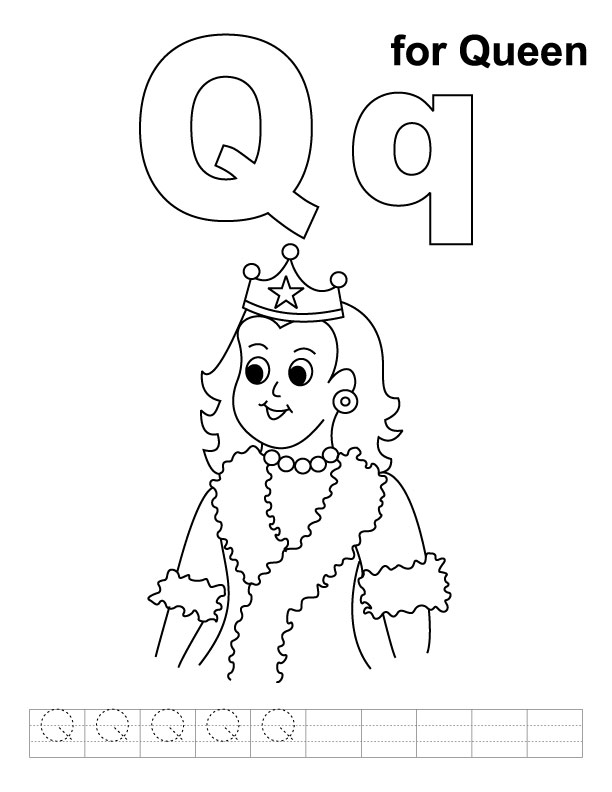 Q for queen coloring page with handwriting practice