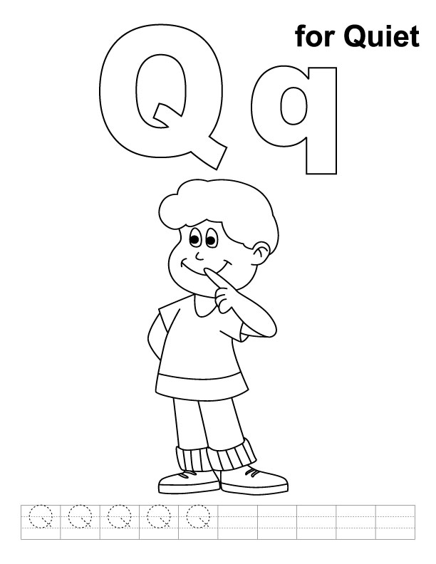 Q for quiet coloring page with handwriting practice