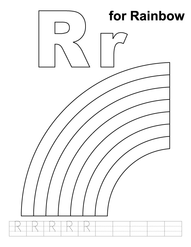 R for rainbow coloring page with handwriting practice