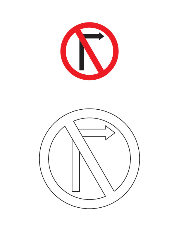 Right turn prohibited traffic sign coloring page