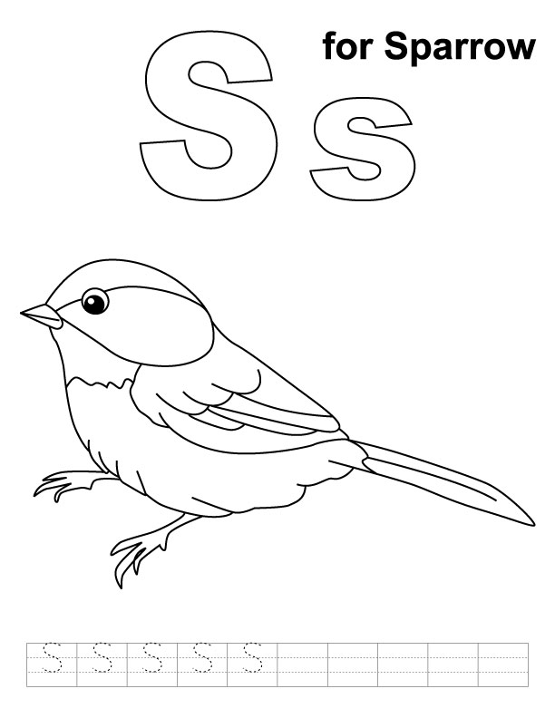 S for sparrow coloring page with handwriting practice