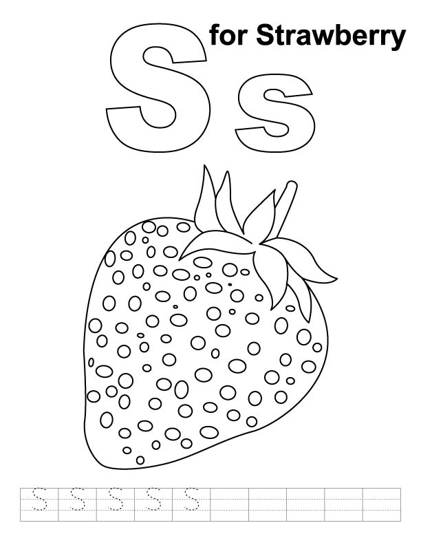 S for strawberry coloring page with handwriting practice