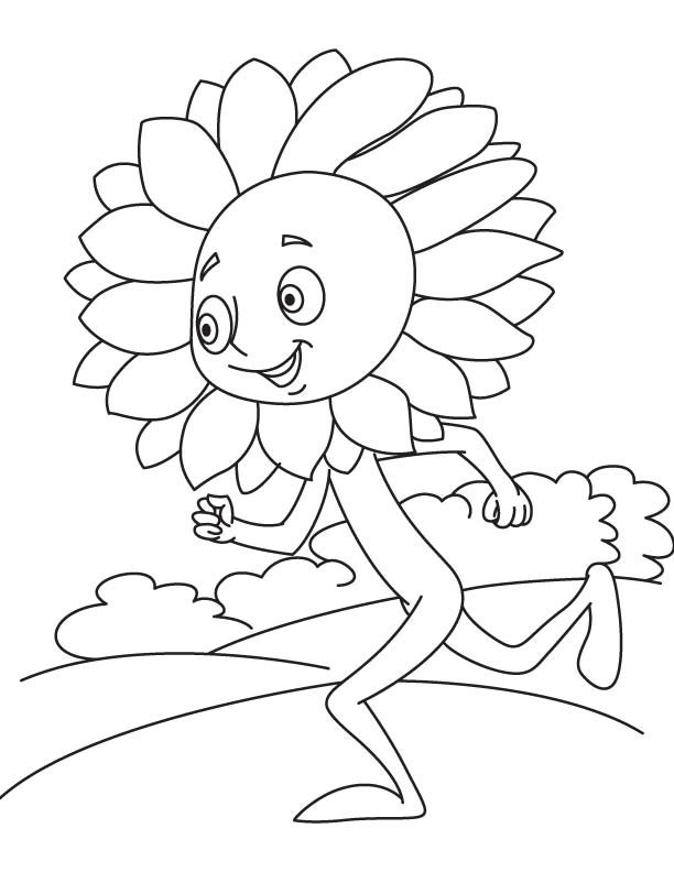 Sunflower running in garden coloring page