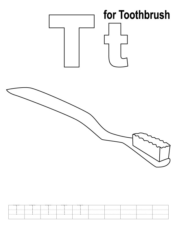 T for toothbrush coloring page with handwriting practice