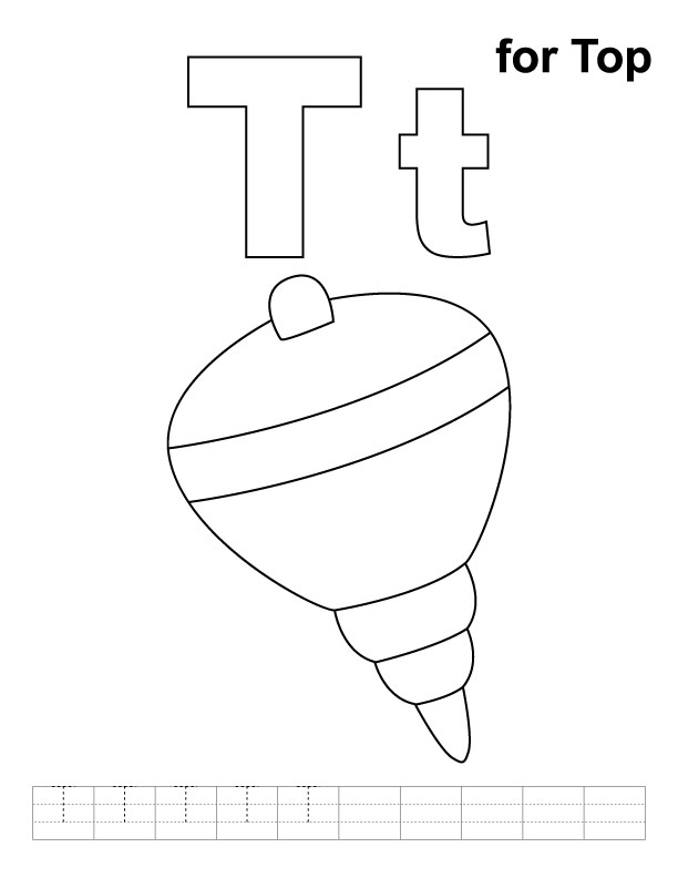 T for top coloring page with handwriting practice