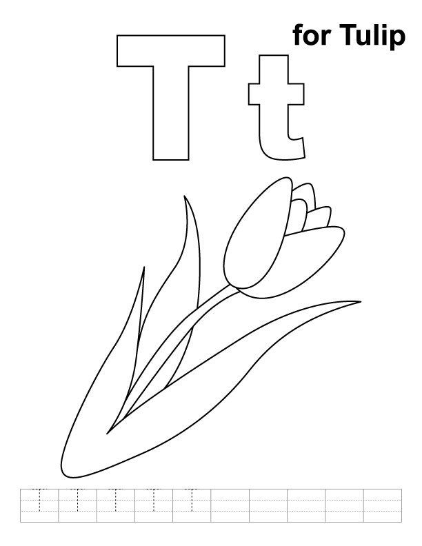 T for tulip coloring page with handwriting practice