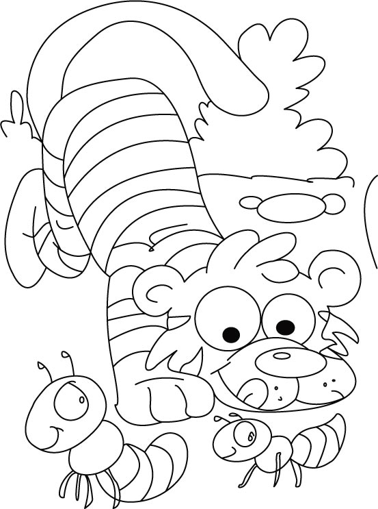 Tiger passing time with ants coloring pages