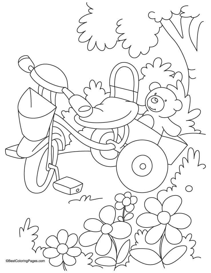 Tricycle and teddy coloring page