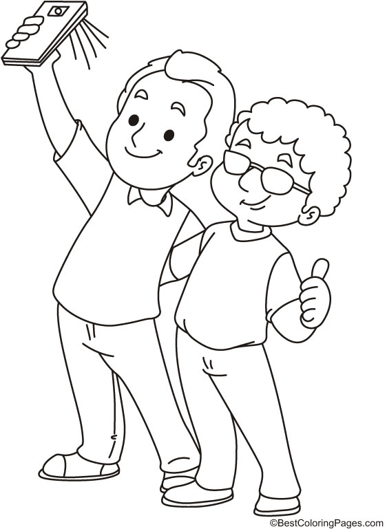 Two friends taking selfie coloring page