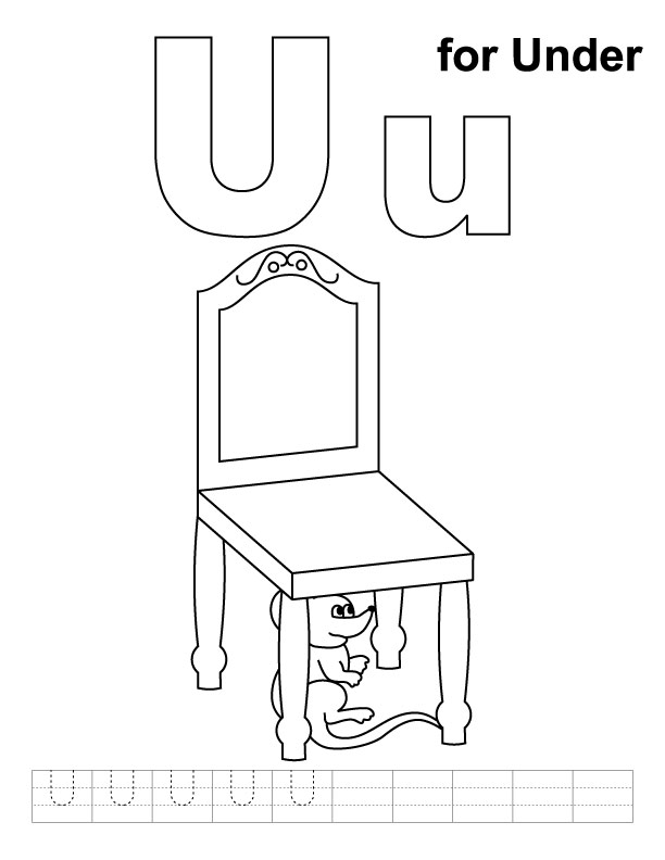 U for under coloring page with handwriting practice