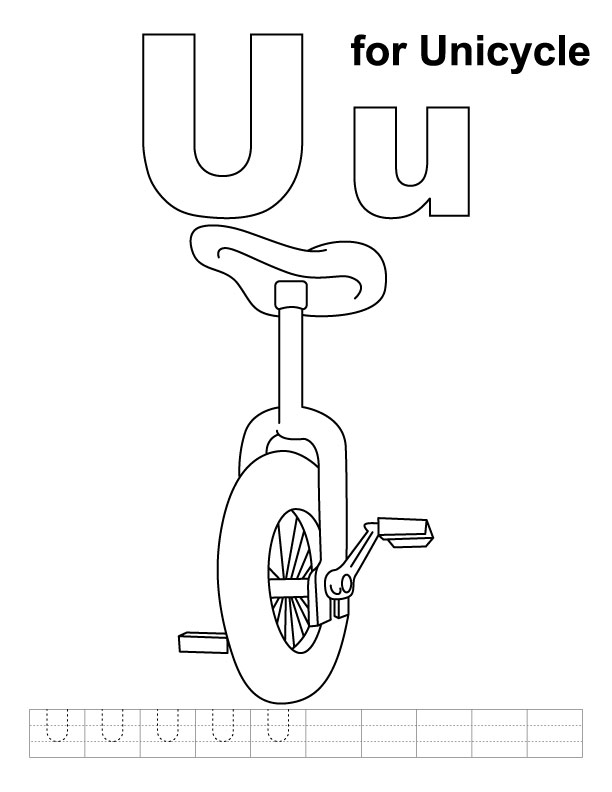 U for unicycle coloring page with handwriting practice