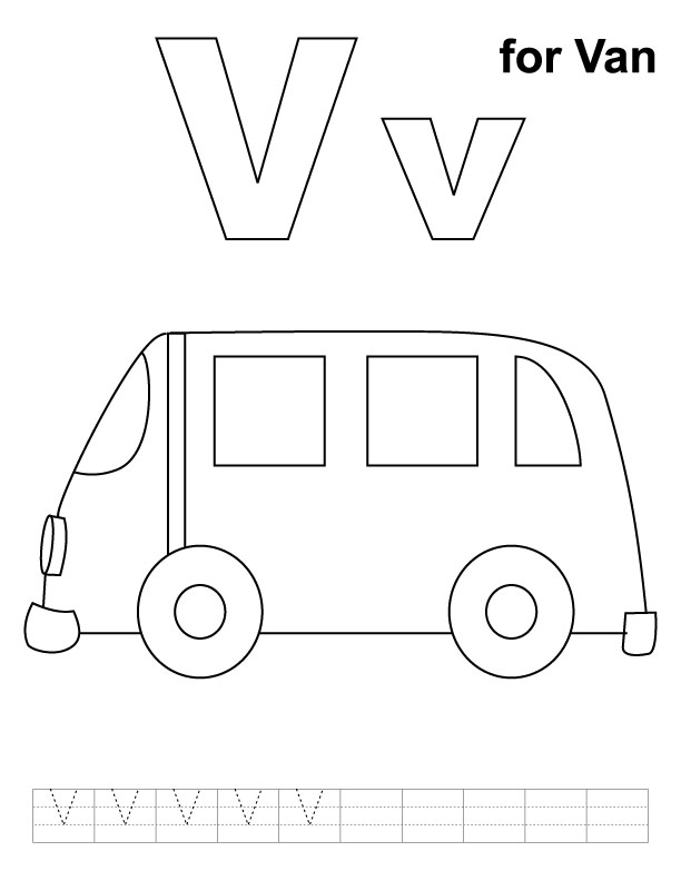 V for van coloring page with handwriting practice