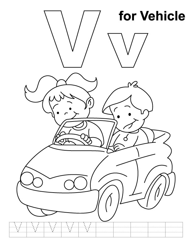 V for vehicles coloring page with handwriting practice
