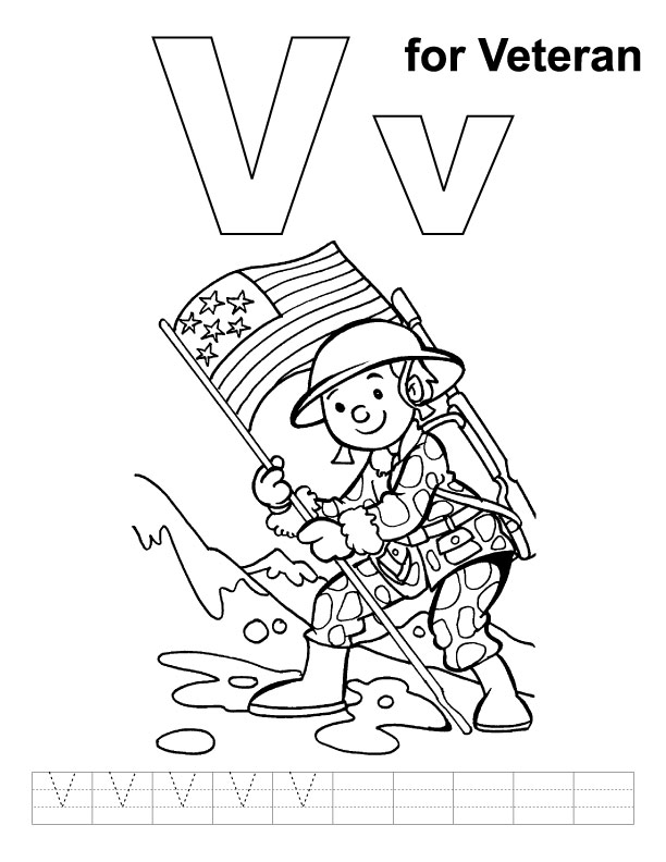 V for veteran coloring page with handwriting practice