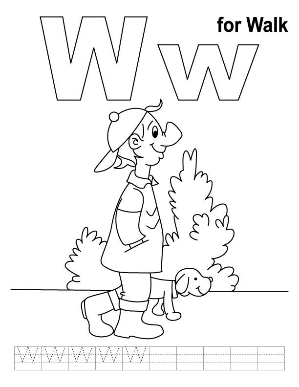 W for walk coloring page with handwriting practice