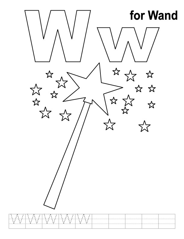 W for wand coloring page with handwriting practice