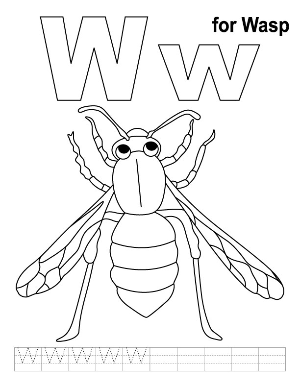 W for wasp coloring page with handwriting practice