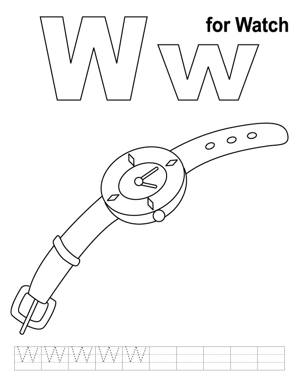W for watch coloring page with handwriting practice