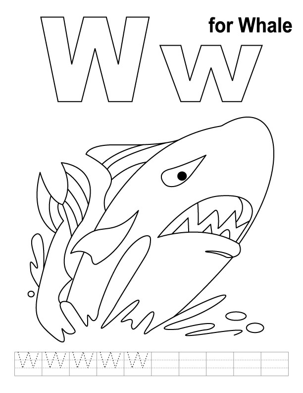 W for whale coloring page with handwriting practice