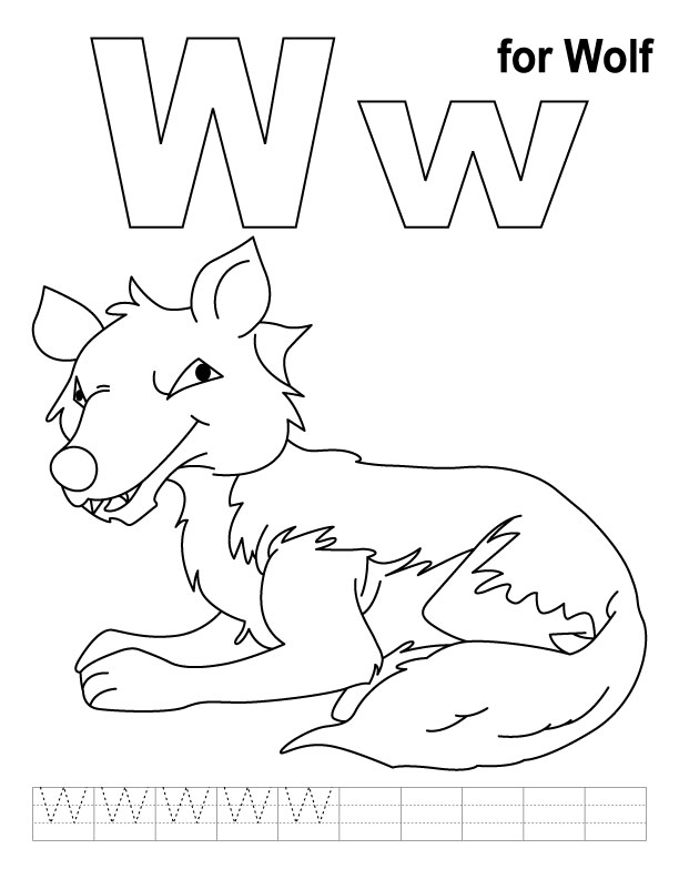 W for wolf coloring page with handwriting practice