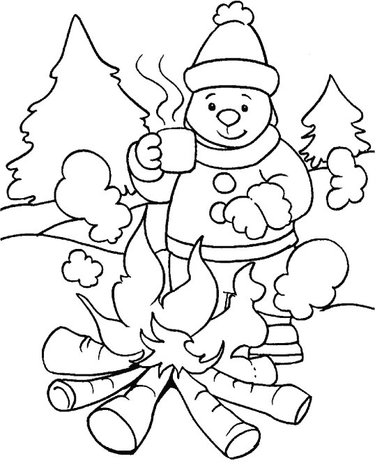 Bonfire, a hot cup of coffee in winter is most ideal coloring page