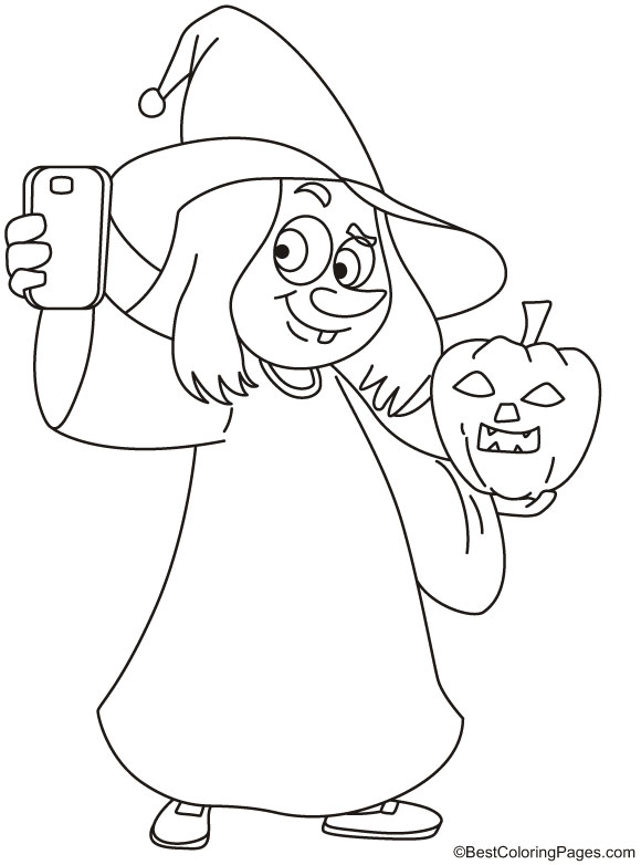 Witch with pumpkin taking selfie coloring page