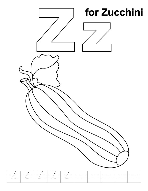 Z for zucchini coloring page with handwriting practice