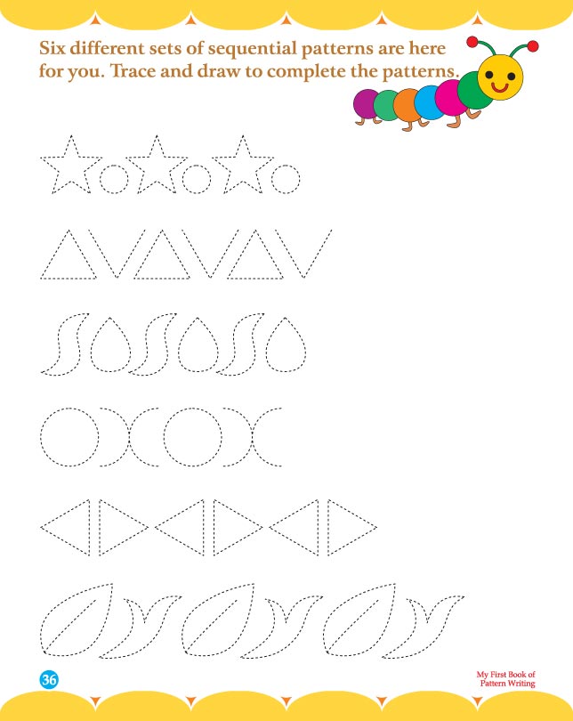 Six different sets of sequential patterns are here for you trace and draw to complete the patterns
